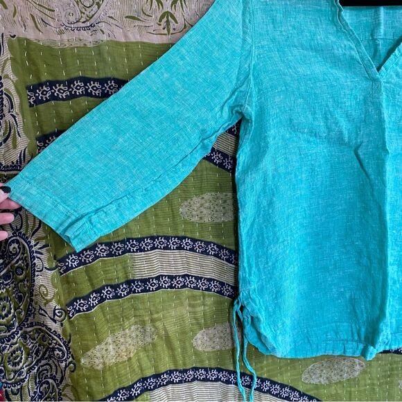 NWOT Isaac Mizrahi New York Teal Coastal Linen Top Size Small - Picture 4 of 11